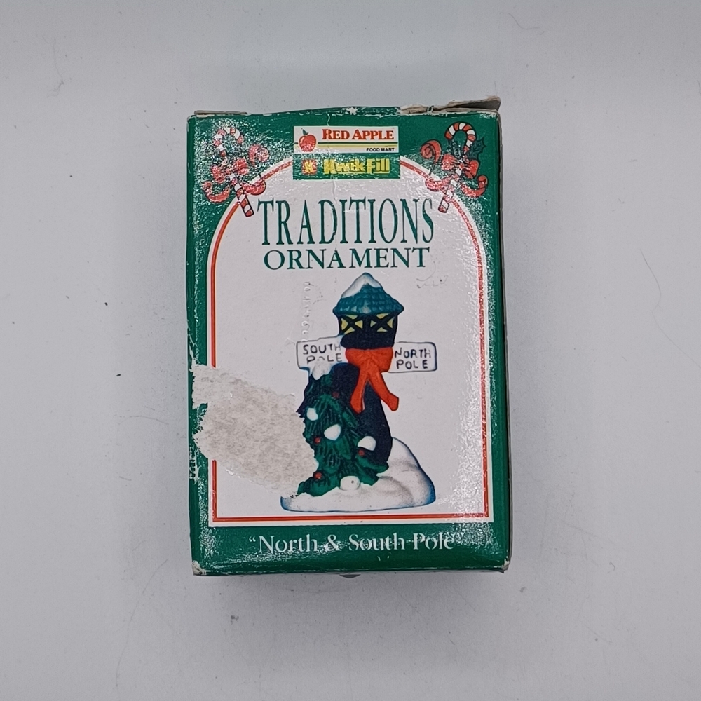 VINTAGE 1997 Red Apple x Kwik Fill North & South Pole Christmas Ornament 2.75"